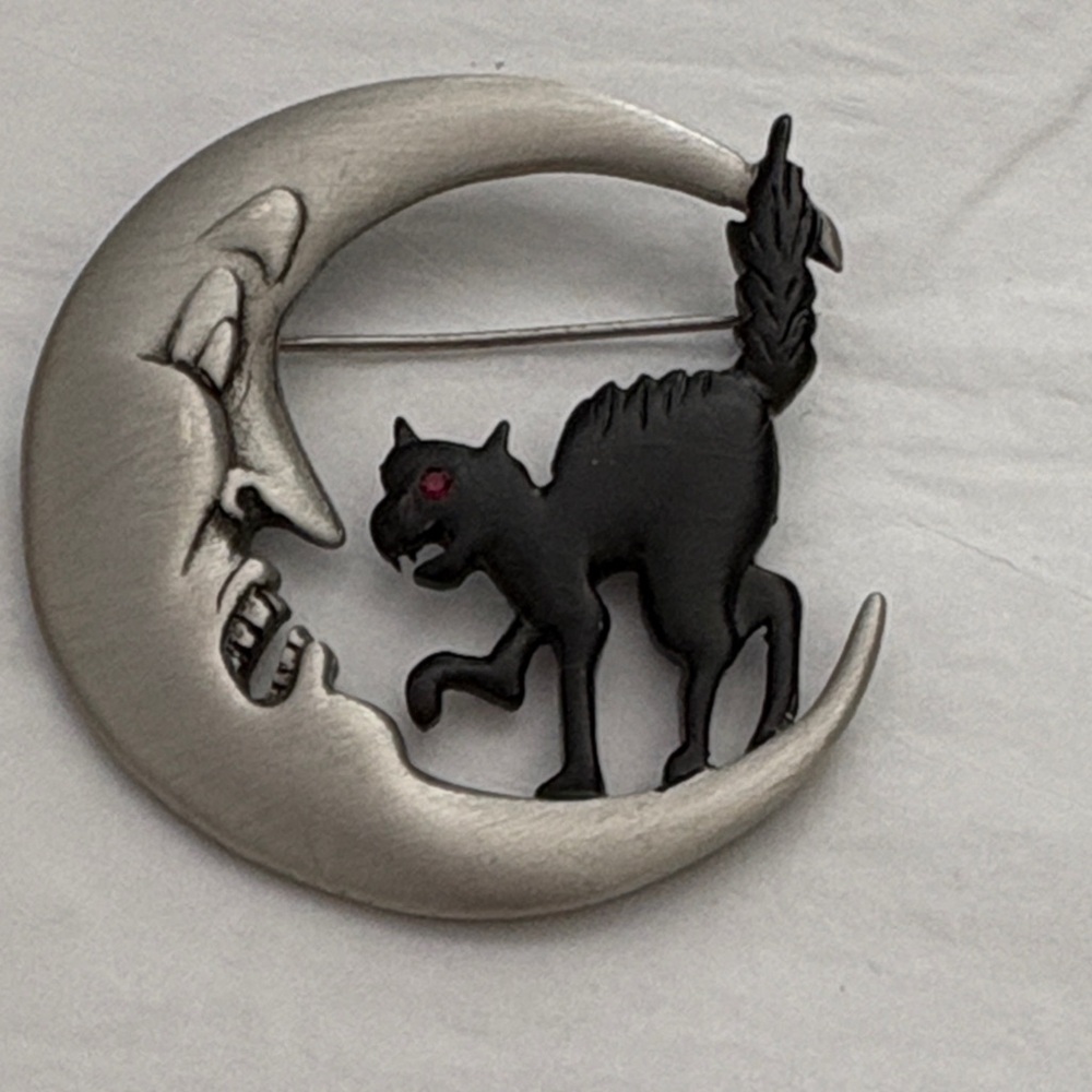 J.J scared, moon, hissing cat brooch in pewter